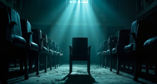 Empty parliamentary chamber with vacant ministerial chair in abandoned government building, dimly lit in blue and gray