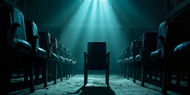Empty parliamentary chamber with vacant ministerial chair in abandoned government building, dimly lit in blue and gray