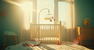 An empty nursery bathed in soft natural light with an unoccupied crib, colorful mobile, and waiting toys and blankets.