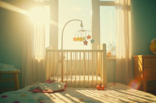 An empty nursery bathed in soft natural light with an unoccupied crib, colorful mobile, and waiting toys and blankets.