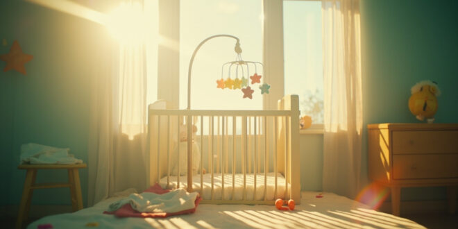 An empty nursery bathed in soft natural light with an unoccupied crib, colorful mobile, and waiting toys and blankets.