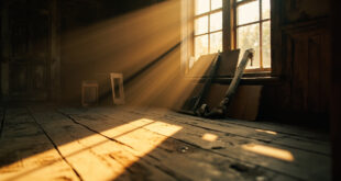 Vintage renovation tools displayed on dusty windowsill in empty, rundown interior of abandoned 1890s house awaiting restoration