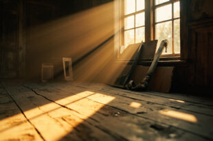 Vintage renovation tools displayed on dusty windowsill in empty, rundown interior of abandoned 1890s house awaiting restoration