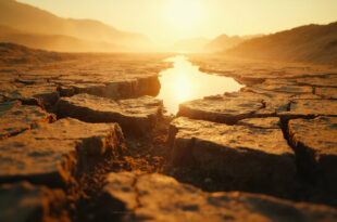 Dried up Rhine riverbed with cracked earth and exposed stones, showing severe drought impact in dusty landscape