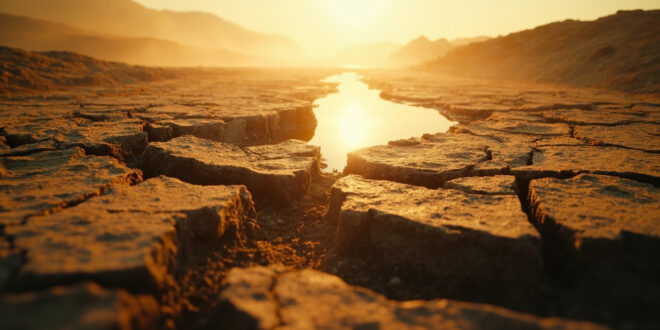 Dried up Rhine riverbed with cracked earth and exposed stones, showing severe drought impact in dusty landscape