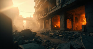 Destroyed building facade with exposed concrete amid scattered debris in war-torn urban landscape at dawn