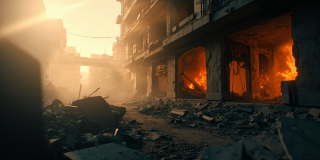 Destroyed building facade with exposed concrete amid scattered debris in war-torn urban landscape at dawn