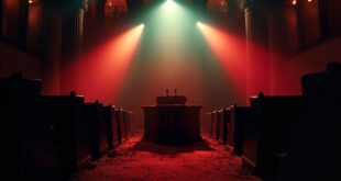 Empty podium with microphones stands abandoned in a parliamentary chamber at dusk, vacant benches illuminated in red light