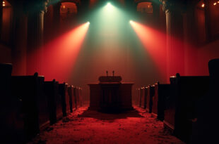 Empty podium with microphones stands abandoned in a parliamentary chamber at dusk, vacant benches illuminated in red light
