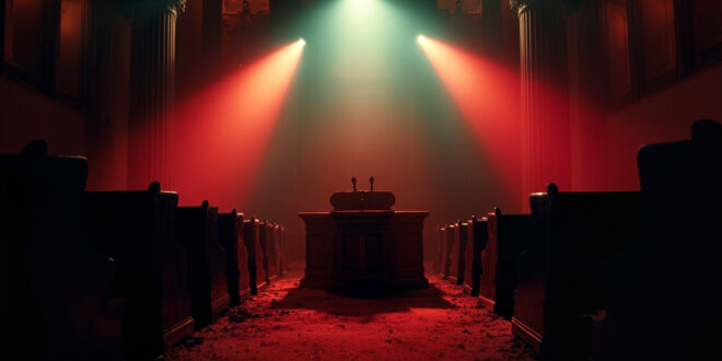 Empty podium with microphones stands abandoned in a parliamentary chamber at dusk, vacant benches illuminated in red light