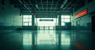 Deserted airport departure board showing cancelled flights in empty international terminal with red warning signs