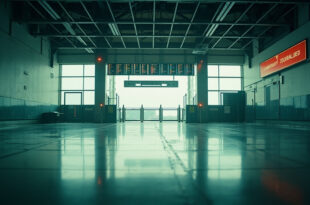 Deserted airport departure board showing cancelled flights in empty international terminal with red warning signs