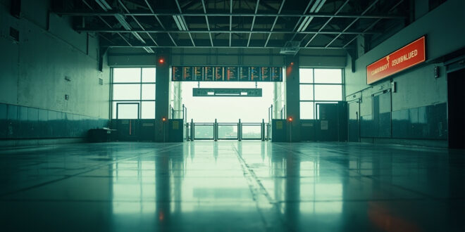 Deserted airport departure board showing cancelled flights in empty international terminal with red warning signs