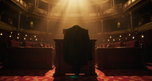 Empty parliamentary chamber with abandoned suit jacket draped over chair, formal podium awaiting presence