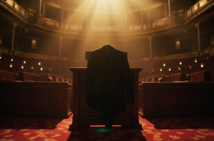 Empty parliamentary chamber with abandoned suit jacket draped over chair, formal podium awaiting presence