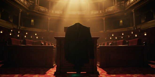 Empty parliamentary chamber with abandoned suit jacket draped over chair, formal podium awaiting presence