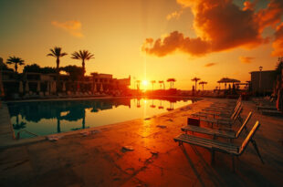 Deserted Mediterranean resort pool with scattered towels and empty beach chairs at sunset facing dark waters