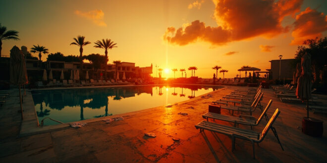 Deserted Mediterranean resort pool with scattered towels and empty beach chairs at sunset facing dark waters