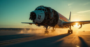 Abandoned Boeing aircraft with exposed mechanical parts sits on deserted airport tarmac at dusk, highlighting safety concerns