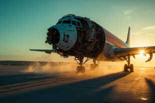 Abandoned Boeing aircraft with exposed mechanical parts sits on deserted airport tarmac at dusk, highlighting safety concerns