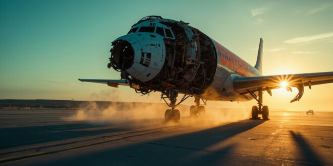 Abandoned Boeing aircraft with exposed mechanical parts sits on deserted airport tarmac at dusk, highlighting safety concerns