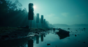 Abandoned festival speakers and debris at a deserted lakeside, with equipment silhouetted against dark blue water