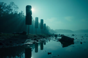 Abandoned festival speakers and debris at a deserted lakeside, with equipment silhouetted against dark blue water