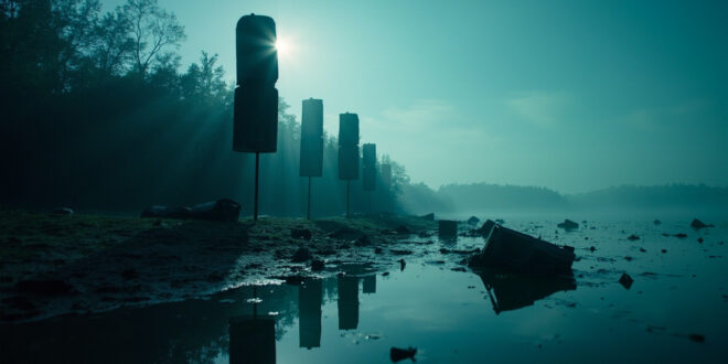 Abandoned festival speakers and debris at a deserted lakeside, with equipment silhouetted against dark blue water