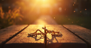 Three interlinked golden chains on a wooden surface in a serene garden with converging paths bathed in gold and lavender light