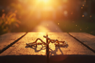 Three interlinked golden chains on a wooden surface in a serene garden with converging paths bathed in gold and lavender light