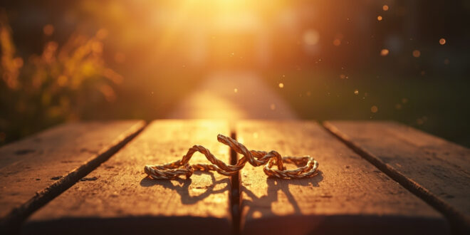Three interlinked golden chains on a wooden surface in a serene garden with converging paths bathed in gold and lavender light