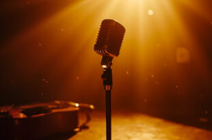 Vintage microphone and guitar stand alone in an empty recording studio, bathed in amber and burgundy light
