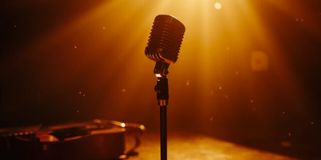 Vintage microphone and guitar stand alone in an empty recording studio, bathed in amber and burgundy light