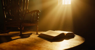 Empty rocking chair beside unopened children's book on wooden table in quiet, contemplative indoor space with soft lighting.