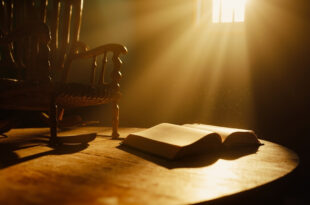 Empty rocking chair beside unopened children's book on wooden table in quiet, contemplative indoor space with soft lighting.
