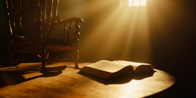 Empty rocking chair beside unopened children's book on wooden table in quiet, contemplative indoor space with soft lighting.