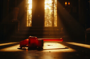 Fluorescent orange sledgehammer abandoned on marble tiles in luxury villa courtyard at dawn, casting long shadows