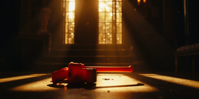 Fluorescent orange sledgehammer abandoned on marble tiles in luxury villa courtyard at dawn, casting long shadows