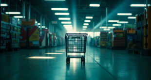 Abandoned shopping cart sits alone in a deserted supermarket aisle under harsh fluorescent lighting