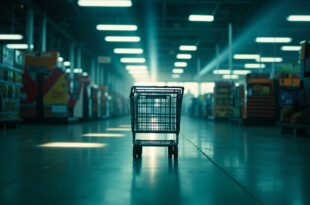 Abandoned shopping cart sits alone in a deserted supermarket aisle under harsh fluorescent lighting