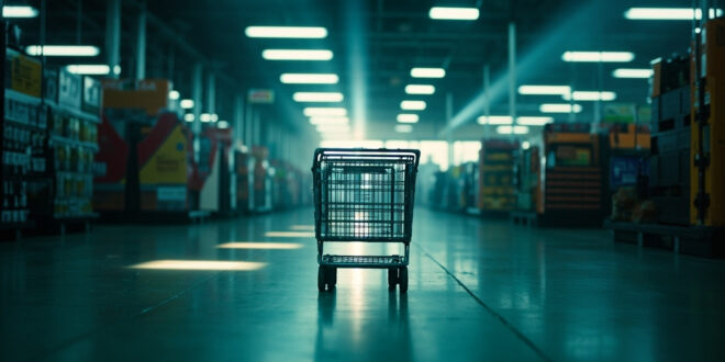 Abandoned shopping cart sits alone in a deserted supermarket aisle under harsh fluorescent lighting