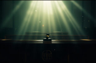 Empty judicial bench with scales of justice and judge's gavel in a deserted courthouse interior, awaiting proceedings