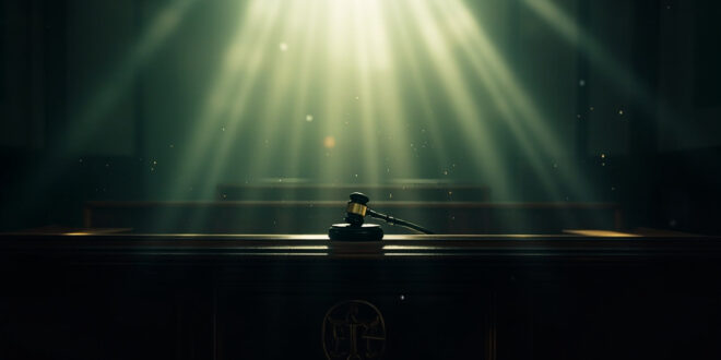 Empty judicial bench with scales of justice and judge's gavel in a deserted courthouse interior, awaiting proceedings