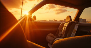 Empty child car seat visible through open car door in abandoned parking lot under intense sunlight and scorching heat