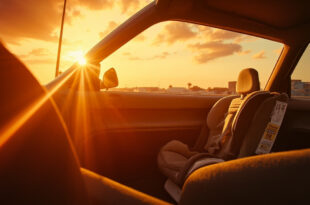 Empty child car seat visible through open car door in abandoned parking lot under intense sunlight and scorching heat
