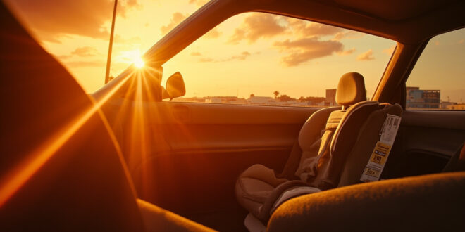 Empty child car seat visible through open car door in abandoned parking lot under intense sunlight and scorching heat