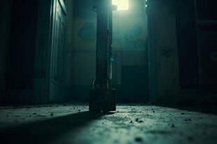 Abandoned children's room with harsh lighting and a heavy padlock on the closed door, symbolizing isolation and neglect.
