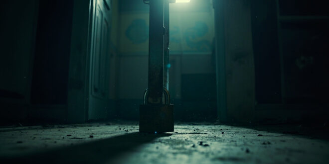 Abandoned children's room with harsh lighting and a heavy padlock on the closed door, symbolizing isolation and neglect.
