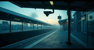 Surveillance camera monitors empty train station concourse at dusk, casting cold blue light over vacant steps.