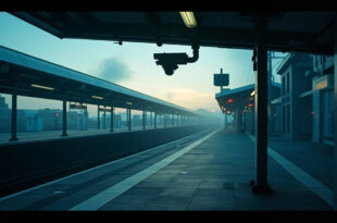 Surveillance camera monitors empty train station concourse at dusk, casting cold blue light over vacant steps.